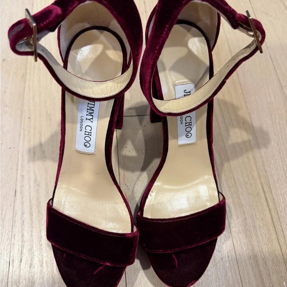 Jimmy Choo Burgundy Velvet Ankle-Strap Sandals - Picture 1 of 4